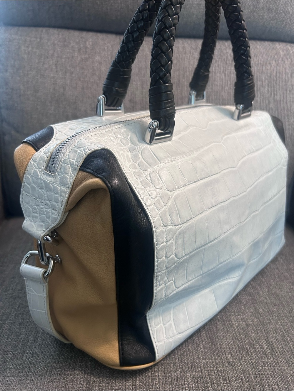 Elie Tahari Kendall Handbag Tri-Tone Croc-Embossed Satchel in White, Black & Tan